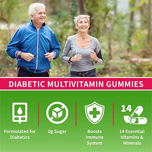 YumVs Diabetic Multivitamin Gummies | Sugar Free Diabetes Supplement Vitamins for Women & Men | Chromium, Thiamine and Magnesium | Natural Raspberry Flavor Chewables - 60 Count