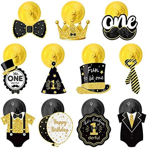 30 Pieces Mr. Onederful Birthday Decorations Glitter Black Gold Hanging Swirls 1st Birthday Party Foil Swirls Ceiling Mustache Toppers Sign Decor for Baby Boy First Birthday Supplies