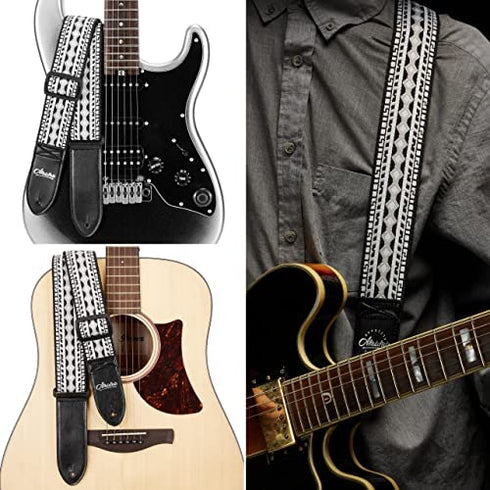 Amumu Guitar Strap Hootenanny Black White Cotton for Acoustic, Electric and Bass Guitars with Strap Blocks & Headstock Strap Tie