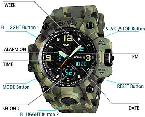 MJSCPHBJK Men's Analog Sports Watch Military Watch Outdoor LED Stopwatch Digital Electronic Watches Large Dual Display Waterproof Tactical Army Watches for Men