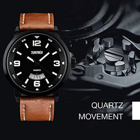 cofuo Mens Fashion Dress Analog Quartz Watch with Brown Leather Band Unique Big Face Number Retro Casual Wrist Watches Classic Business Waterproof Wristwatch Calendar Date Week - Black Brown