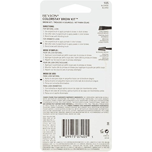 Revlon ColorStay Brow Kit, Includes Longwear Brow Powder, Clear Pomade, Dual-Ended Angled Tip Eyebrow Brush & Spoolie Brush, Blonde (105), 0.08 oz