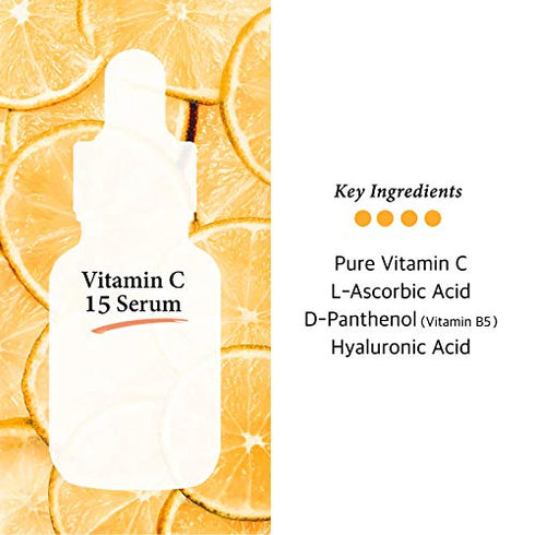 Vitamin C Facial Serum with L-Ascorbic Acid 15% with Vitamin B5 - for Fades Age Spots, Smoothing Fine Lines + Dark Spots, Pore Refining, Resurfacing, 1 Fl Oz (30ml)