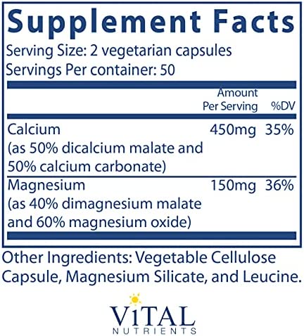 Vital Nutrients - Calcium and Magnesium - Cardiovascular, Muscle, and Bone Support - 100 Vegetarian Capsules per Bottle - 225 mg / 75 mg