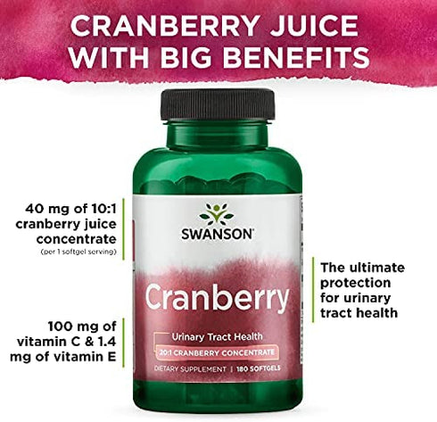 Swanson Cranberry - Supports Urinary Tract Health, Bladder Control, and Promotes Healthy Kidney Function - Cranberry Supplement Made with 20:1 Cranberry Juice Concentrate - (180 Softgels)