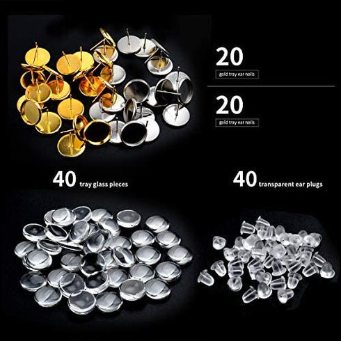 Aylifu Earring Cabochon Settings,Include 40pcs 12mm Stud Earring Cabochon Post Cup Blank Earring Bezel with 40pcs Glass Dome Cabochons and 40pcs Clear Earring Backs for Jewellery Making
