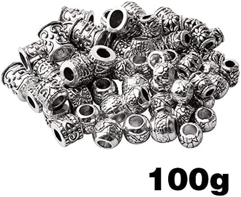 Large Hole Spacer Beads,100g Antique Silver Mixed Styles Tube Bead Spacers Tibetan Alloy Column Barrel Round Spacers Loose Beads for DIY Jewelry Bracelet Crafts Making Supplies