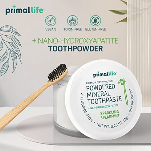 Primal Life Organics - Dirty Mouth Toothpowder, Tooth Cleaning Powder, Flavored Essential Oils With Hydroxyapatite, Natural Kaolin & Bentonite Clay, Good for 60+ Brushings, Paleo, Organic, Vegan (Spearmint, 0.25 oz)
