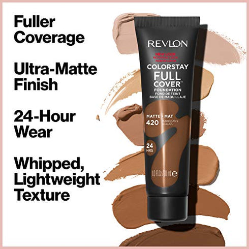 Revlon ColorStay Full Cover Longwear Matte Foundation, Heat & Sweat Resistant Lightweight Face Makeup, Natural Tan (330), 1.0 oz