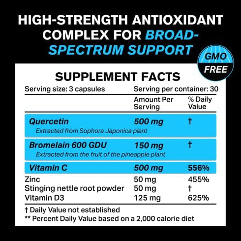 ???????????? Quercetin 500mg Supplement with Bromelain, Vitamin C, Zinc 50mg, & Vitamin D3 5000 IU - for Cardiovascular Health, Anti Inflammation, & Immune Response - 5 in 1 Immunity Health Supplement