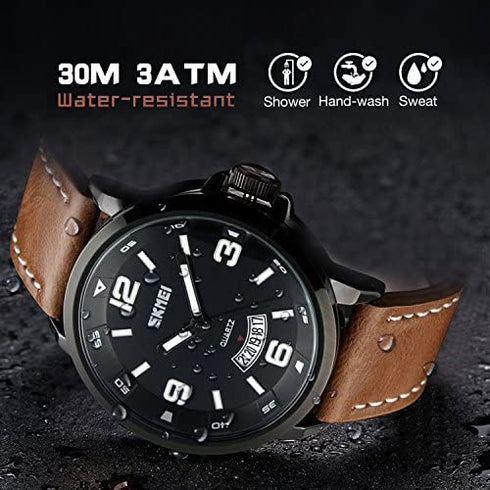 cofuo Mens Fashion Dress Analog Quartz Watch with Brown Leather Band Unique Big Face Number Retro Casual Wrist Watches Classic Business Waterproof Wristwatch Calendar Date Week - Black Brown