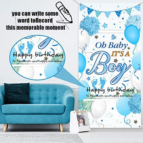 Baby Shower Decorations, Welcome It is a Boy Sign Banner Door Cover Blue Photo Backdrop for Baby Shower Party Supplies, 70.87 x 35.43 inch