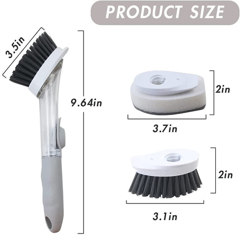Cenbee Soap Dispensing Dish Brush with 4 Replaceable Heads, Updated No Leaking Soap Dish Scrubber Soap Dispenser, Kitchen Dish Brush with Soap Dispenser for Pot Pan Sink Cleaning(Light Gray)
