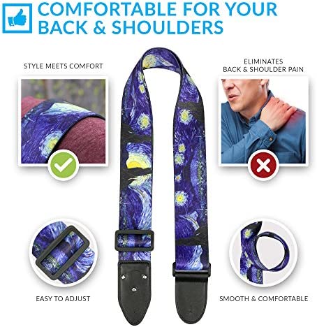 Van Gogh "Starry Night" Guitar Strap Christmas Gift Includes 2 Strap Locks & 2 Matching Picks. Adjustable Guitar Strap - Stocking Stuffer for Men Women Guitarist for Bass, Electric & Acoustic