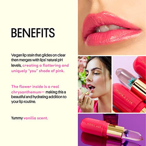 Winky Lux Flower Balm, Vegan Lip Balm and Lip Stain, pH Color Changing Lipstick, Vanilla Scented Pink Lip Tint with Real Chrysanthemum, Natural Lip Balm (Pink Flower)