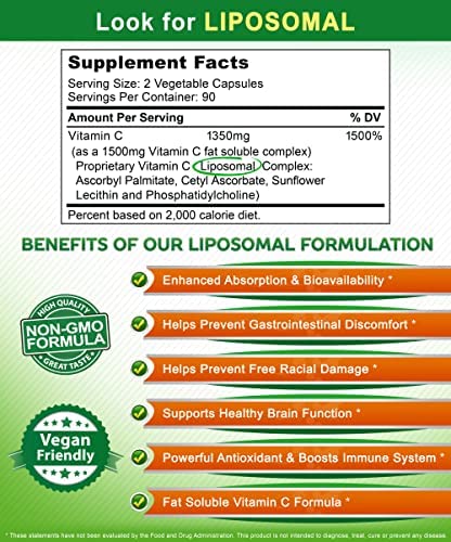 Vitamin C Liposomal Complex - 1500mg Supplement - 180 Capsules - High Absorption VIT C Ascorbic Acid Pills - Supports Immune System & Collagen Health - 90 Servings