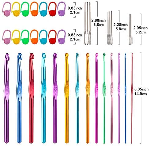 Vodiye 37 PCS Crochet Hooks Set, High Quality Coloured Aluminum Ergonomic Handle Crochet, Hook Needles for Arthritic Hands, with Stitch Markers and Large-Eye Blunt Needles