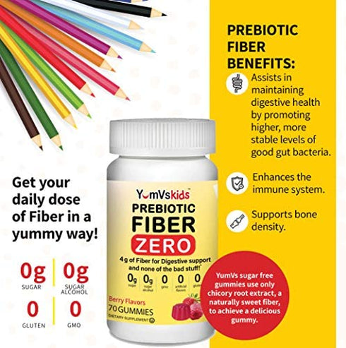 Prebiotic Fiber Zero Gummies for Kids by YumVs | Keto Sugar Free Gummy Chews for Toddlers |4g Fiber for Children Constipation Support | Natural Kosher Halal Berry Chewable 70 Count
