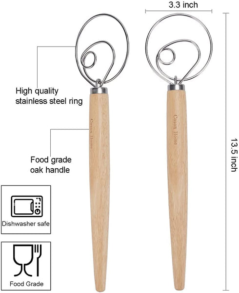 Danish Dough Whisk Dutch Bread Whisk Hook Wooden Hand Mixer Bread Baking Tools for Cake Bread Pizza Pastry Food Biscuits Kitchenware Tool Stainless Steel Ring 13.5 inches 0.22 lb/pcs, Pack of 2