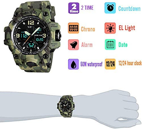 MJSCPHBJK Men's Analog Sports Watch Military Watch Outdoor LED Stopwatch Digital Electronic Watches Large Dual Display Waterproof Tactical Army Watches for Men