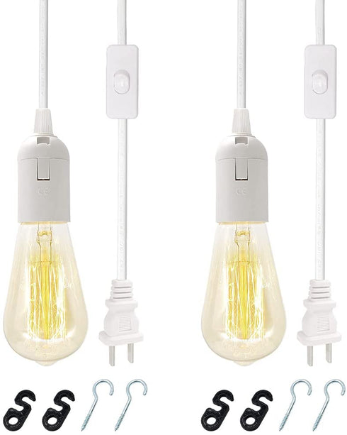 Plug in Hanging Light Kit, Retro Hanging Lights with Plug in Cord, E26 E27 Industrial Pendant Light Fixture, 9.8 FT Cord with On/Off Switch Hanging Lamp for Living Room Bedroom 2 Pack (White)