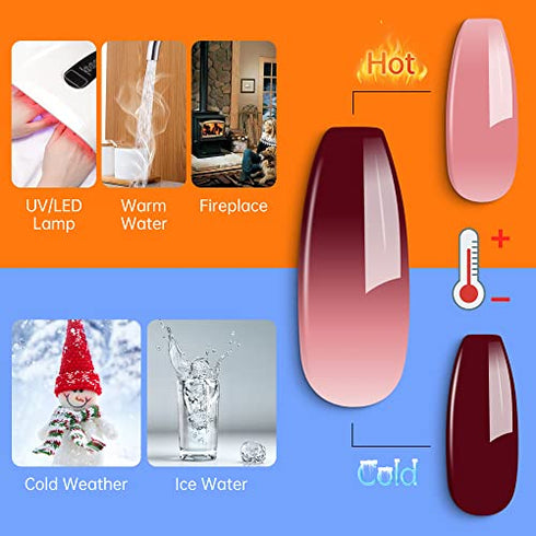 YTD Likomey Color Changing Gel Nail Polish,15ml Burgundy Red Translucent Nude Pink Mood Temperature Change Colors Thermal Winter UV Manicure Gel