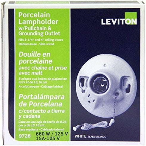 Leviton 9726-C One-Piece Glazed Porcelain Outlet Box Mount, Incandescent Lampholder, Pull Chain, Top Wired, White
