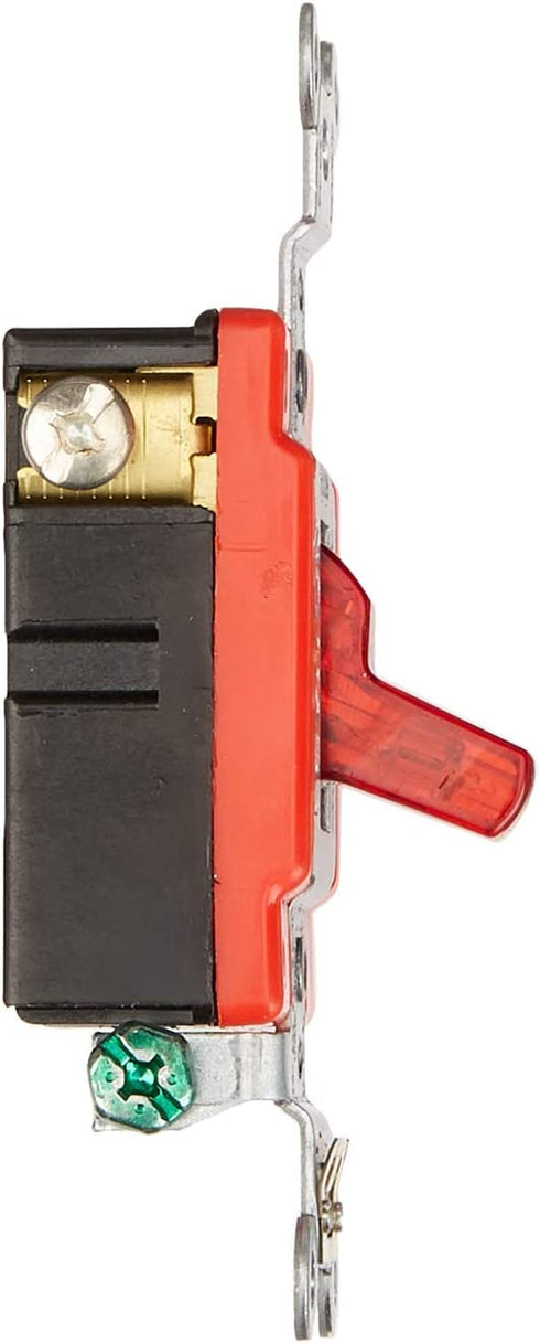 Leviton 1221-PLR 20-Amp, 120 Volt, Toggle Pilot Light, Illuminated On, Req, Neutral Single-Pole AC Quiet Switch, Extra Heavy Duty Grade, Self Grounding, Red