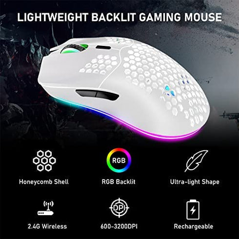 Wireless Gaming Mouse Lightweight Honeycomb Design 3200 DPI Rechargeable Gaming Mouse with 16 Rainbow Backlit, USB Receiver,Compatible with PC Gamers and Xbox and PS4 Users
