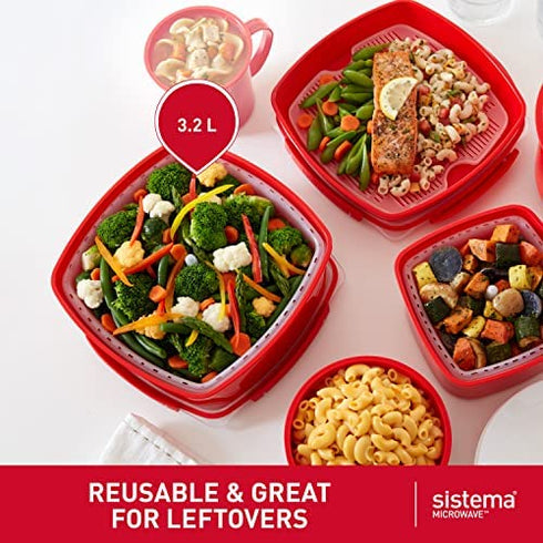 Sistema Microwave Steamer for Cooking Food and Vegetables with Steam Release Vent, Dishwasher Safe, 13.6 Cup, Red