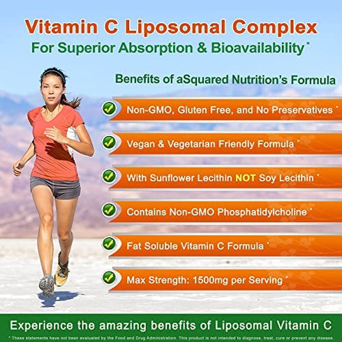 Vitamin C Liposomal Complex - 1500mg Supplement - 180 Capsules - High Absorption VIT C Ascorbic Acid Pills - Supports Immune System & Collagen Health - 90 Servings