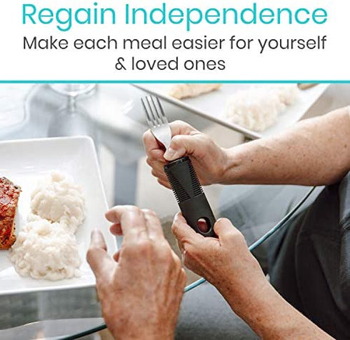 Vive Adaptive Utensil Set - Arthritis Aid Silverware for Parkinsons, Hand Tremors - Easy Grip for Shaking and Trembling Hands - Heavy Stainless Steel Spoon, Fork, Serrated Knife - Non Weighted Holder