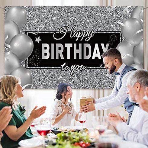 Silver Happy Birthday Banner Backdrop Silver Birthday Party Decorations Black White Balloons Happy Birthday Background Photo Photography Banner for Men Women Birthday Supplies, 72.8 x 43.3 Inch