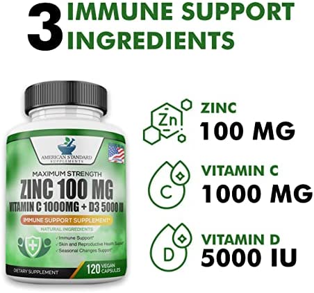 Zinc 100mg, Vitamin C 1000mg, Vitamin D 5000IU per Serving, Immune Support for Adults, Immune System Booster Supplements, Non GMO, No Filler, No Stearate, 120 Vegan Capsules, 60 Day Supply