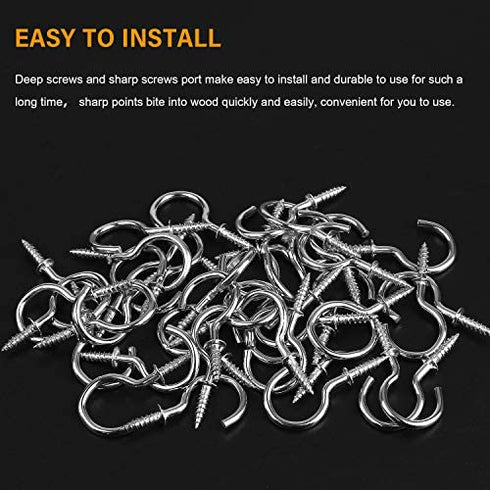 Powlankou 1inch Nickel Plated Metal Screw-in Ceiling Hooks Cup Hooks Silver, 120 Pieces