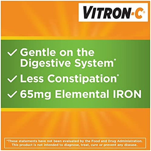Vitron-C Iron Supplement, Once Daily, High Potency Iron Plus Vitamin C, Dye Free Tablets, 60 Count
