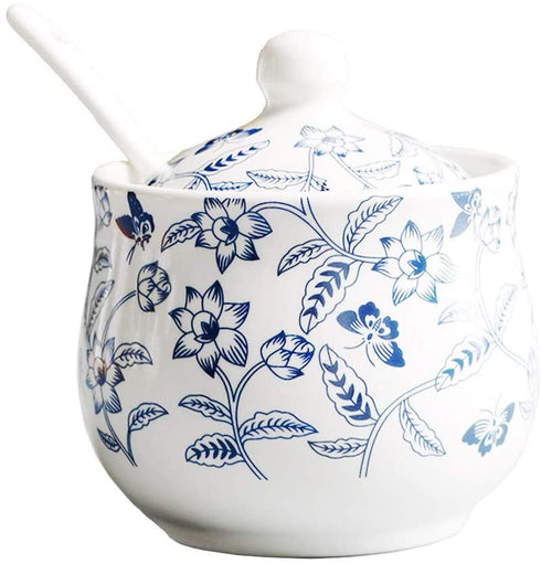 Ceramic Blue and White Flower Sugar Salt Pepper Storage Jar with Lid Spoon