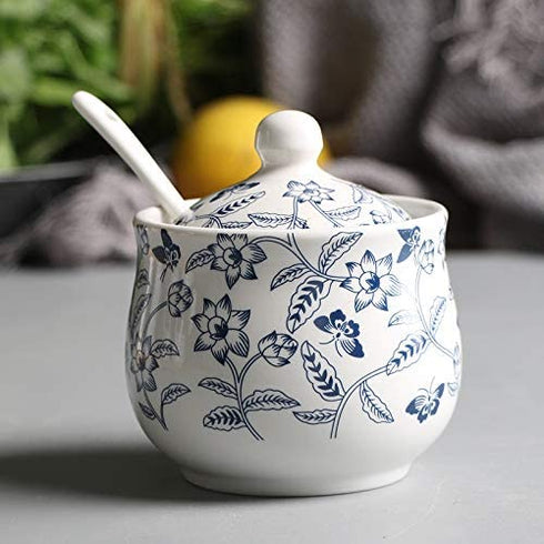 Ceramic Blue and White Flower Sugar Salt Pepper Storage Jar with Lid Spoon