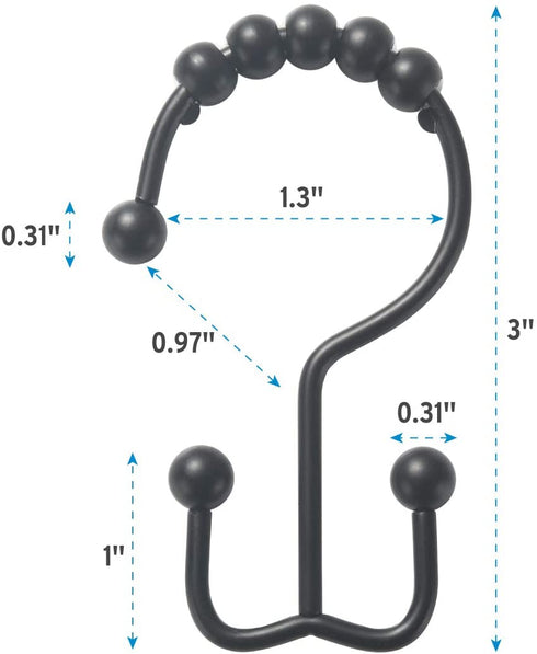Titanker Shower Curtain Hooks Rings, Rust-Resistant Metal Double Glide Shower Hooks for Bathroom Shower Rods Curtains, Set of 12 Hooks - Matte Black