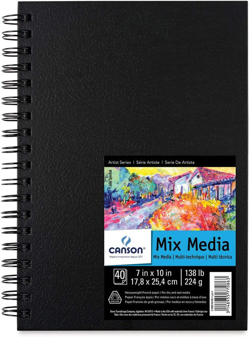 Canson Mix Media Art Book, Heavyweight French Paper, Double Sided Fine and Medium Texture, Side Wire Bound, 138 Pound, 7 x 10 Inch, 40 Sheets