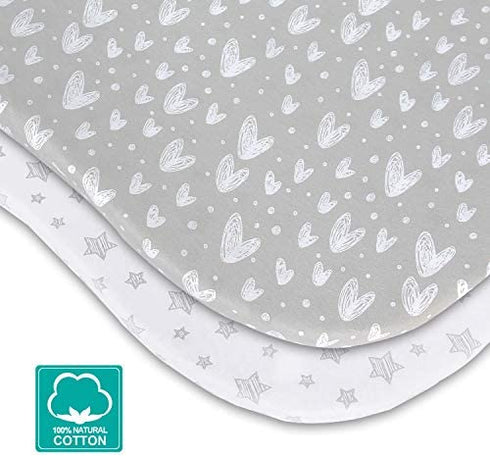 Bassinet Sheets Compatible with Mika Micky Bedside Sleeper, (2 Pack), 100% Jersey Knit Cotton Fitted Sheets, Grey Hearts and White Stars Print for Baby
