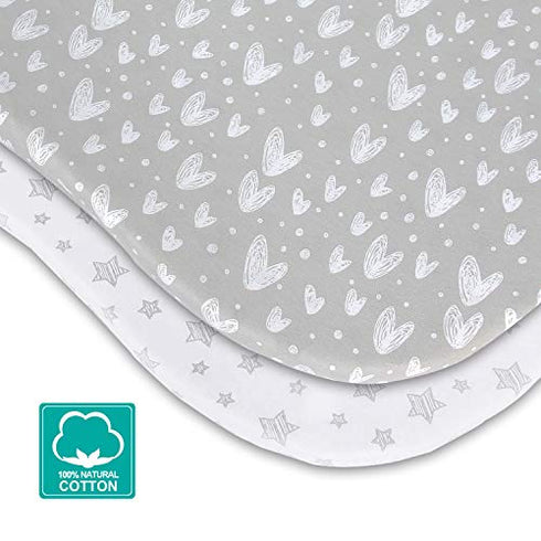 Bassinet Sheets Fit for Most Bedside Sleeper Bassinet & Bedside Crib Mattress, 2 Pack, 100% Jersey Knit Cotton Bassinet & Bedside Sleeper Sheets, Grey Hearts and White Stars Print for Baby