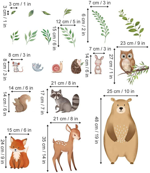 decalmile Large Woodland Animals Leaf Wall Decals Bear Fox Deer Wall Stickers Baby Nursery Kids Bedroom Classroom Wall Decor