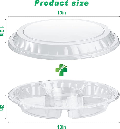 10 Pieces Round Appetizer Serving Trays with Lids Veggie Fruit Snack Food Trays Disposable Compartments Plastic Platters Vegetable Salad Serving Trays for Party Supplies (Clear,10.4 x 10.4 x 2 Inch)