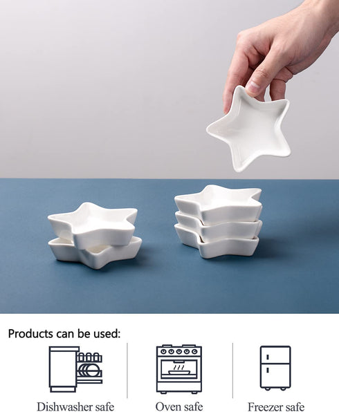 Star Soy Sauce Dish - Delling Dipping Bowls/Dish, Ceramic Dipping Sauce Cups for Soy Sauce, Sushi Sauce, Condiment, BBQ, Small Pinch Bowls, Set of 6, White, 1.2 Oz