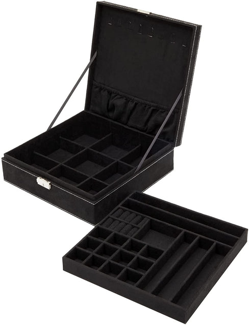 Two Layer Black Jewelry Box Organizer with Lock and Key, Display Case with Removable Tray (10.5 x 10.5 inch)