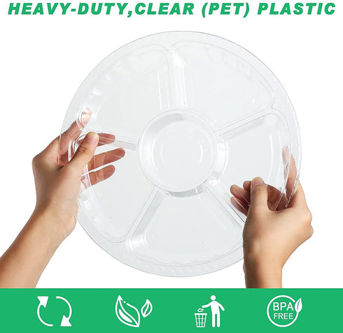 10 Pieces Round Appetizer Serving Trays with Lids Veggie Fruit Snack Food Trays Disposable Compartments Plastic Platters Vegetable Salad Serving Trays for Party Supplies (Clear,10.4 x 10.4 x 2 Inch)