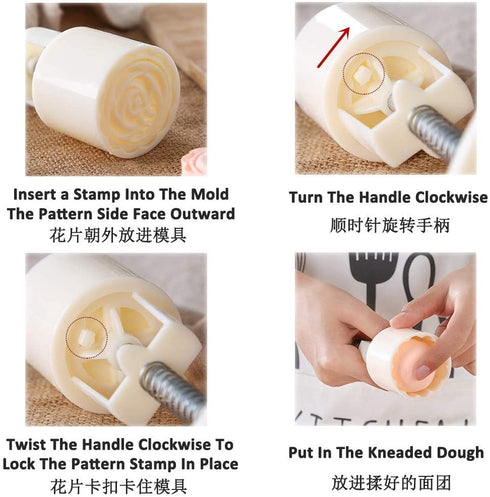 Moon Cake Mold 6 PCS, Mid Autumn Festival DIY Hand Press Cookie Stamps Pastry Tool Moon Cake Maker, Flower Mode Patterns 1 Mold 6 Stamps 50g (White).