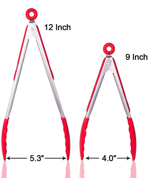 Uigos Kitchen Cooking Food Tongs Stainless Steel With Silicone Heads Locking Clip 2 Piece (9" & 12")