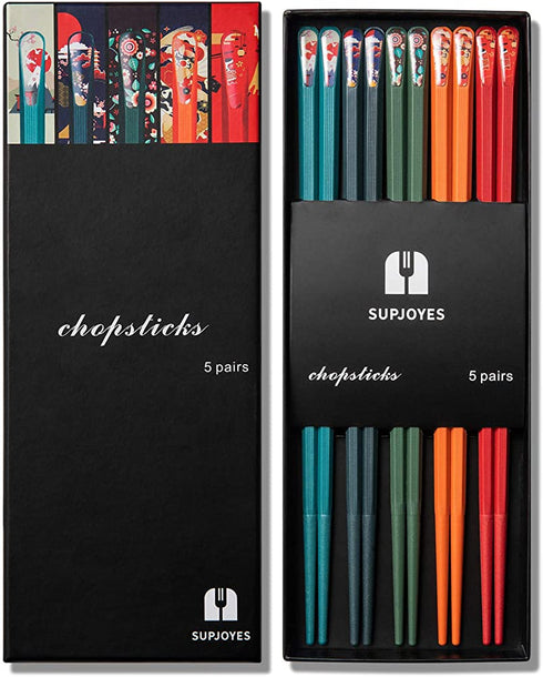 SUPJOYES 5 Pairs Fiberglass Chopsticks - Reusable Japanese Chopsticks Dishwasher Safe, Colorful Chopsticks Gift Set with Different Asian Pattern, Non-Slip Chop Sticks
